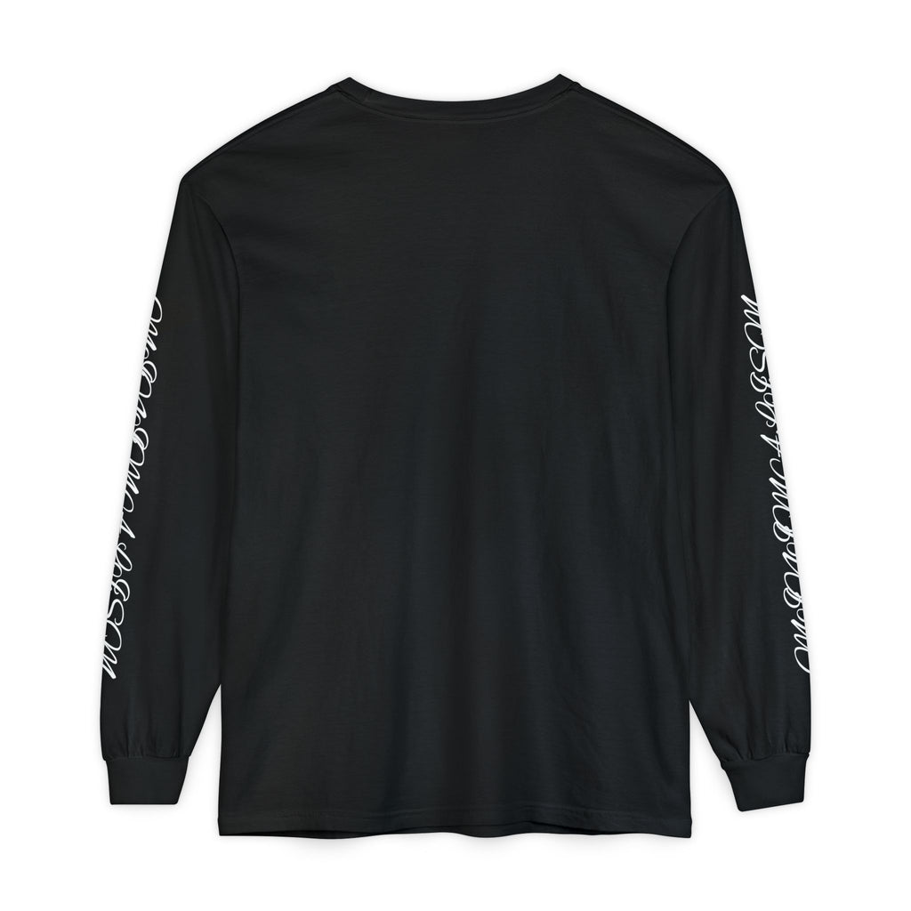 Minimalism Cursive Long Sleeve T-Shirt — Minimal Script Vertical Chest Print