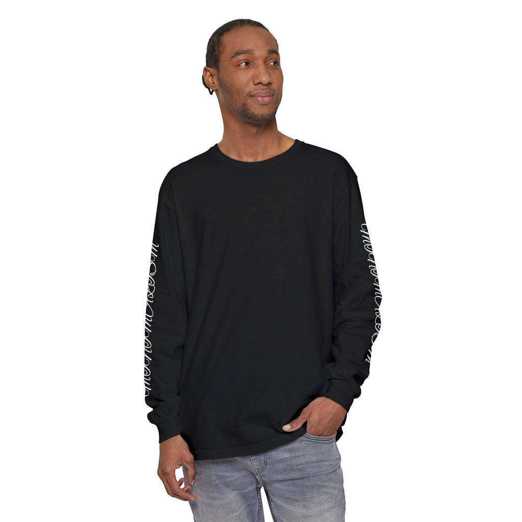 Minimalism Cursive Long Sleeve T-Shirt — Minimal Script Vertical Chest Print
