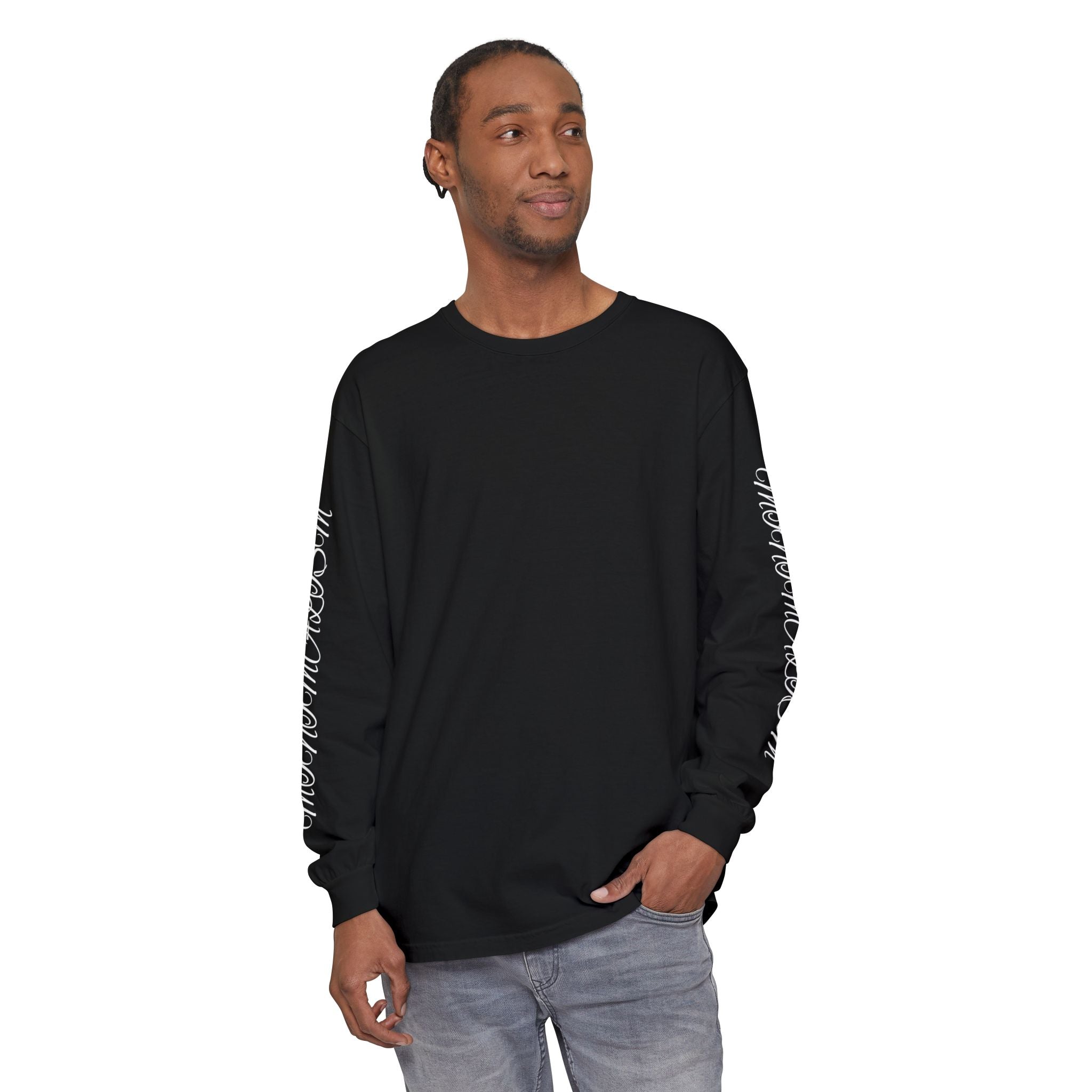 Minimalism Cursive Long Sleeve T-Shirt — Minimal Script Vertical Chest Print