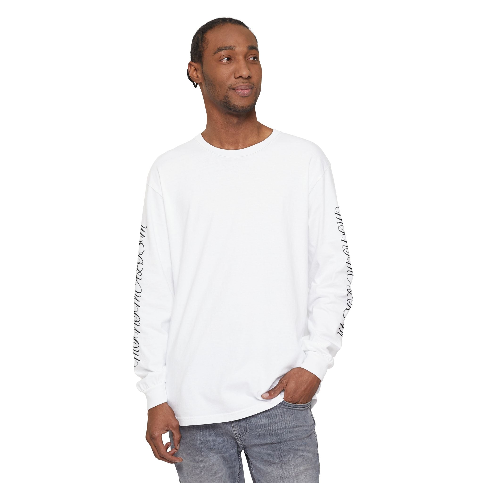 Minimalism Cursive Long Sleeve T-Shirt — Minimal Script Vertical Chest Print