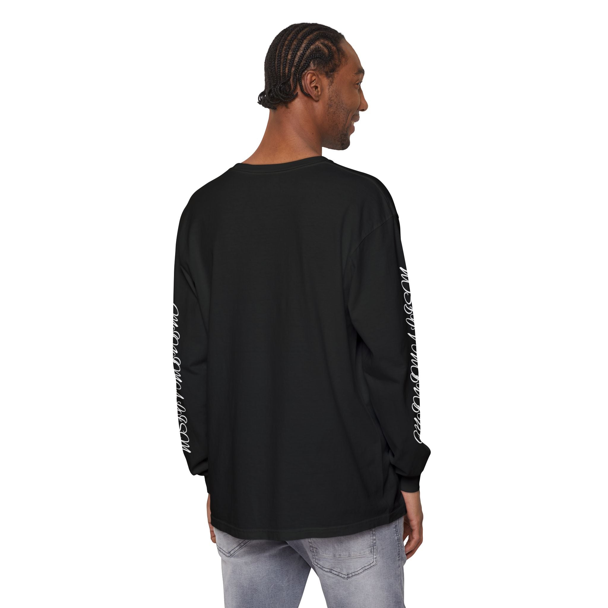 Minimalism Cursive Long Sleeve T-Shirt — Minimal Script Vertical Chest Print