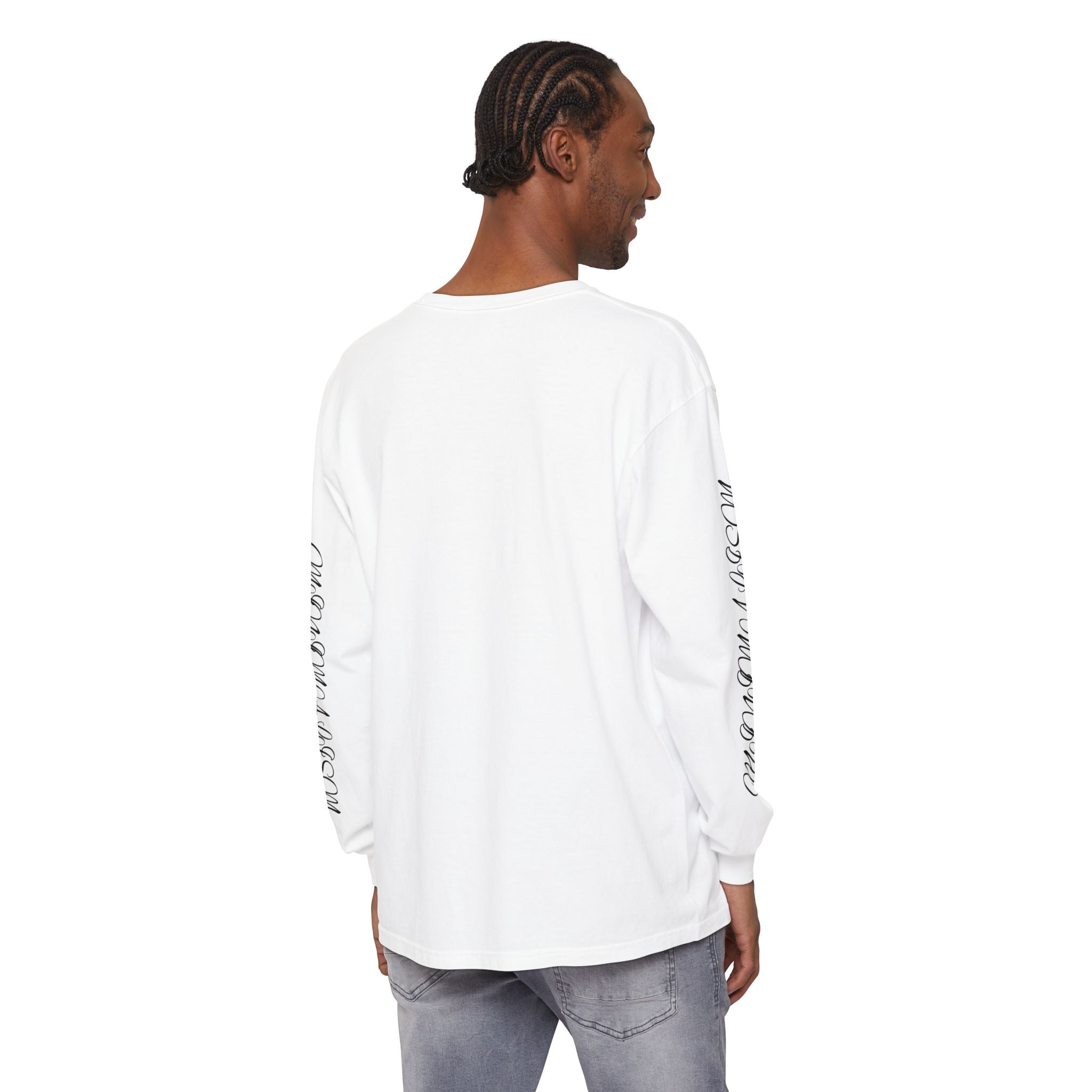 Minimalism Cursive Long Sleeve T-Shirt — Minimal Script Vertical Chest Print